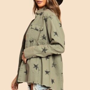 New Denim Star Print Baby Doll Front Snap Shirt Jacket Shacket Vintage Green